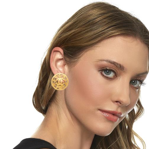 Gold 'CC' Fretwork Round Earrings, , large image number 0