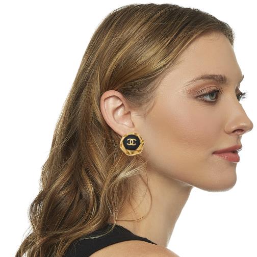Gold & Black 'CC' Button Earrings, , large image number 0