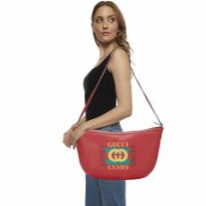 Red Grained Leather Logo Print Moon Hobo, , large image number 2