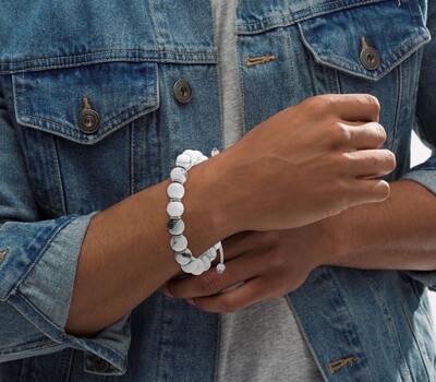 Albion BOYBEADS 10mm Natural White Howlite Stainless Steel Bead Bracelet for Men