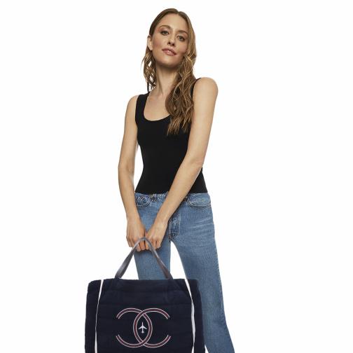 Chanel Navy Terry Cloth & Silver Nylon Reversible Airlines Tote
