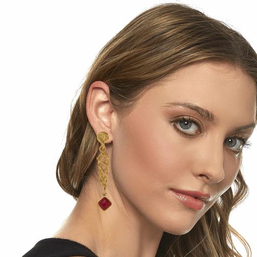 Gold & Red Acrylic Twisting Dangle Earrings, , large image number 0