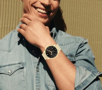 Men\'s Calvin Klein Gold-Tone IP Chronograph Mesh Watch with Black Dial  (Model: 25200375) | Zales