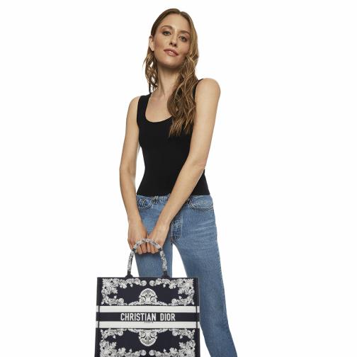 Black & White Embroidered Canvas Book Tote Large, , large image number 0